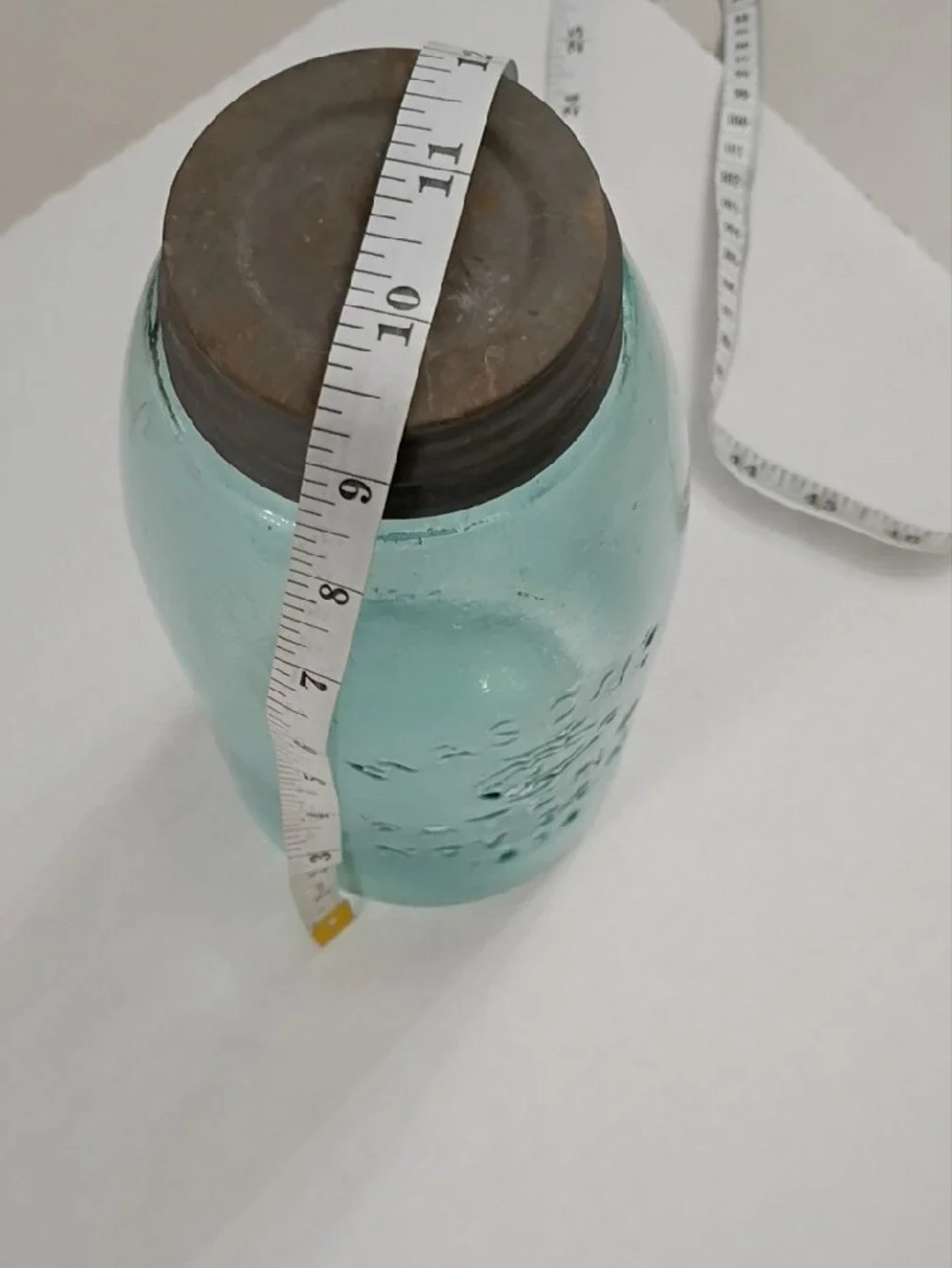 Mason Aqua Blue Glass Jar Embossed Front with Metal Lid